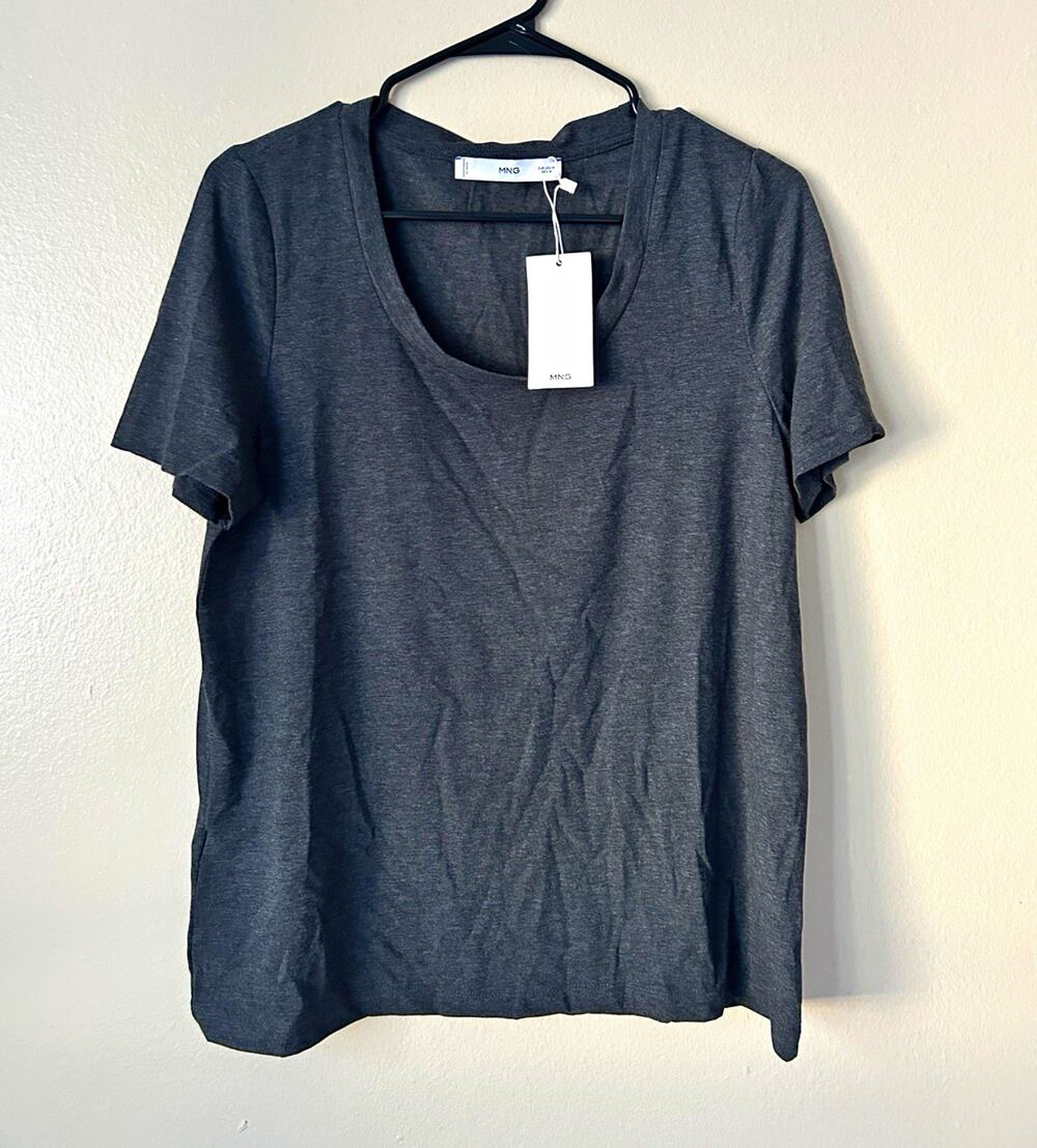 MNG Womens Gray Solid Scoop Neck Short Sleeve Knit Basic T-Shirt Top Size M
